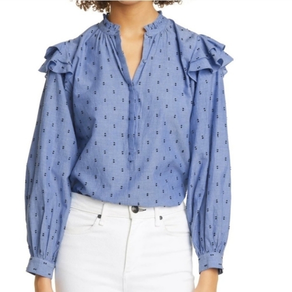 Joie Idonian Clip Dot Chambray Embroidered Long Sleeve Ruffle Blouse - Picture 1 of 12